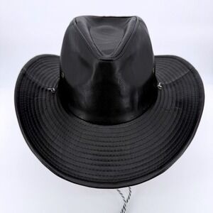 Bear Outback Hat Mens OSFM Black Faux Leather Western Chin Strap Wide Brim Hat